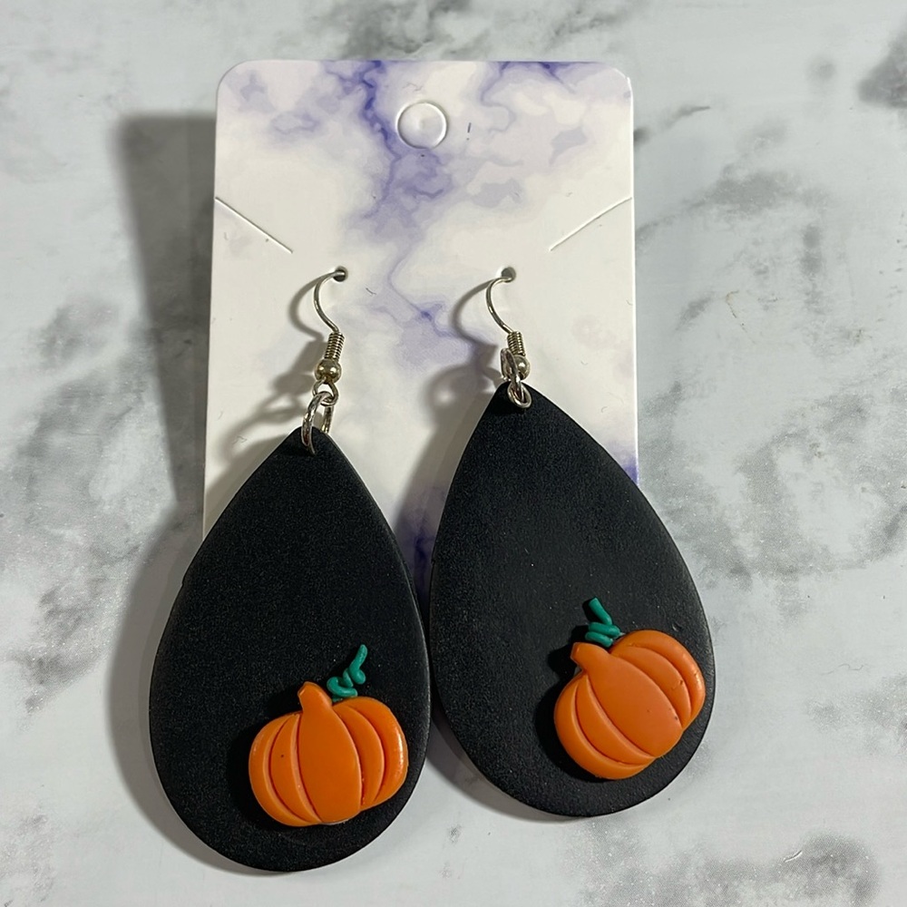 Handcrafted Classic Black Tear Drop Earrings with an Orange Pumpkin Accent